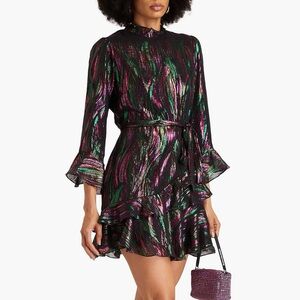 SALONI Marissa Ruffled Metallic Silk-Blend Jacquard Mini Dress UK4